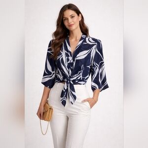 Chico's Navy and White Leaf Print Tie-Front Blouse